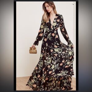 [Reformation] Black Floral Print Susanna Long Sleeve Wrap Midi Dress Sz Large m